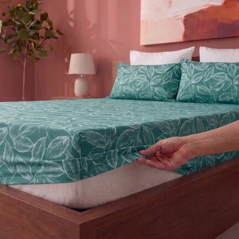Imprimer Itsy-Bitsy - Leaf Printed Fitted Bedsheet (Aqua Blue)-2