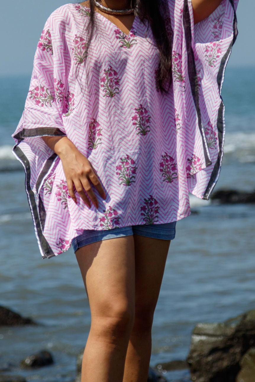 Hand Block Printed and Hand Painted Cotton Mul Kaftan · Pink Chevron-2