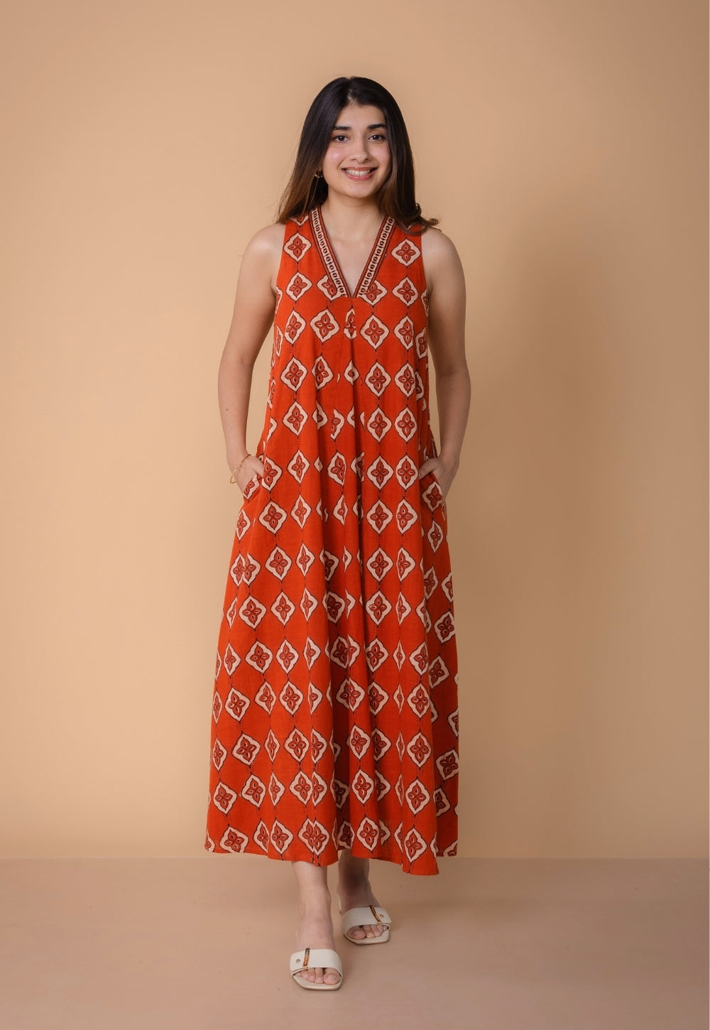 Arisha Orange Dabu Slub Cotton A Line Dress
