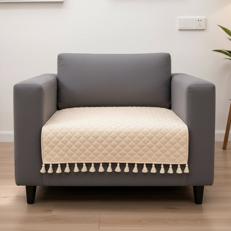 Quilted Velvet Sofa Cover with Tassels (Beige)-1