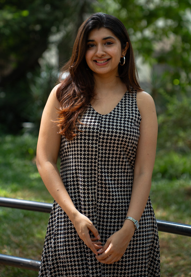 Mizoya Black Bagru Cotton A Line Dress