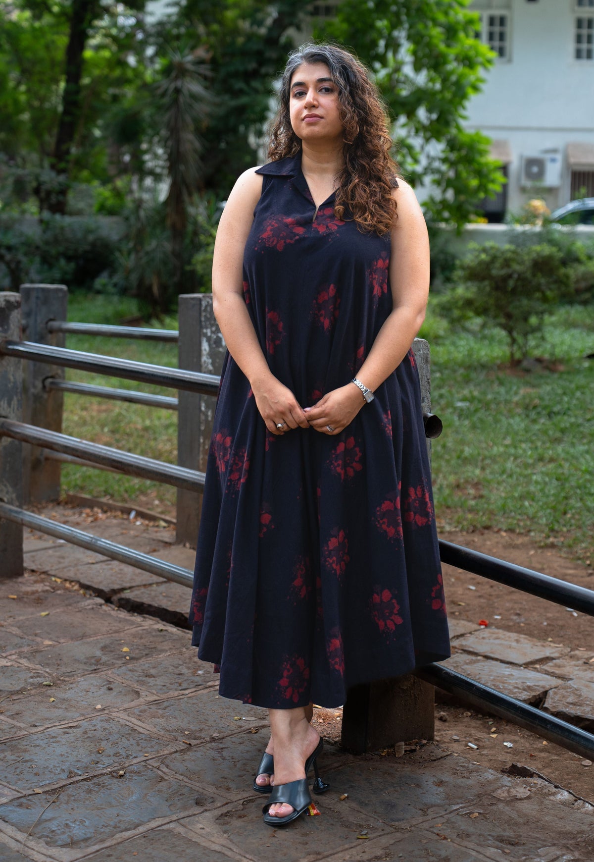 Arya Black Dabu Slub Cotton A Line Dress
