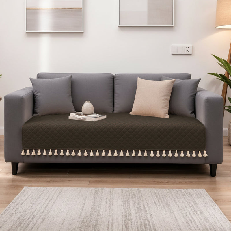 Quilted Velvet Sofa Cover with Tassels (Brown)-6