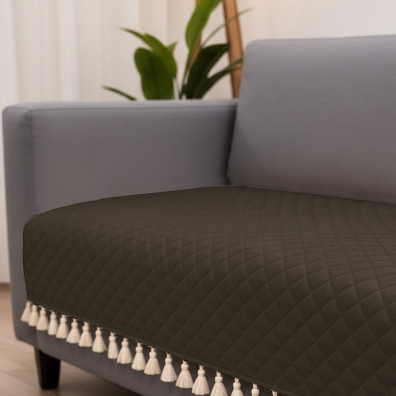 Quilted Velvet Sofa Cover with Tassels (Brown)-4