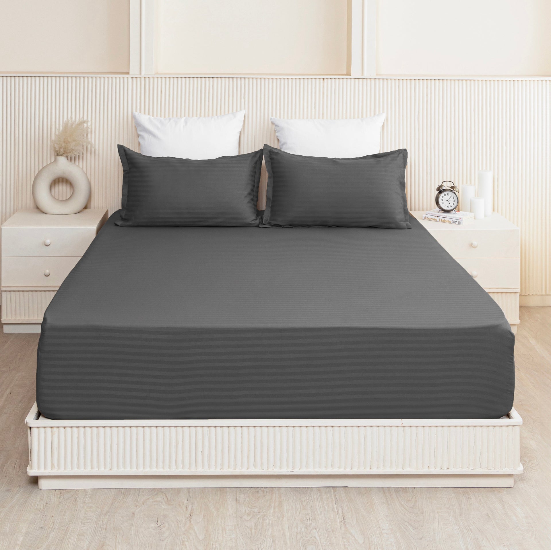 Breton Drift - Satin Stripes Fitted Bedsheet (Grey)