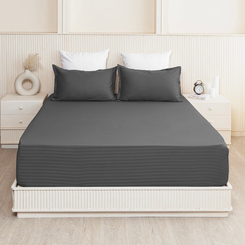 Breton Drift - Satin Stripes Fitted Bedsheet (Grey)-2