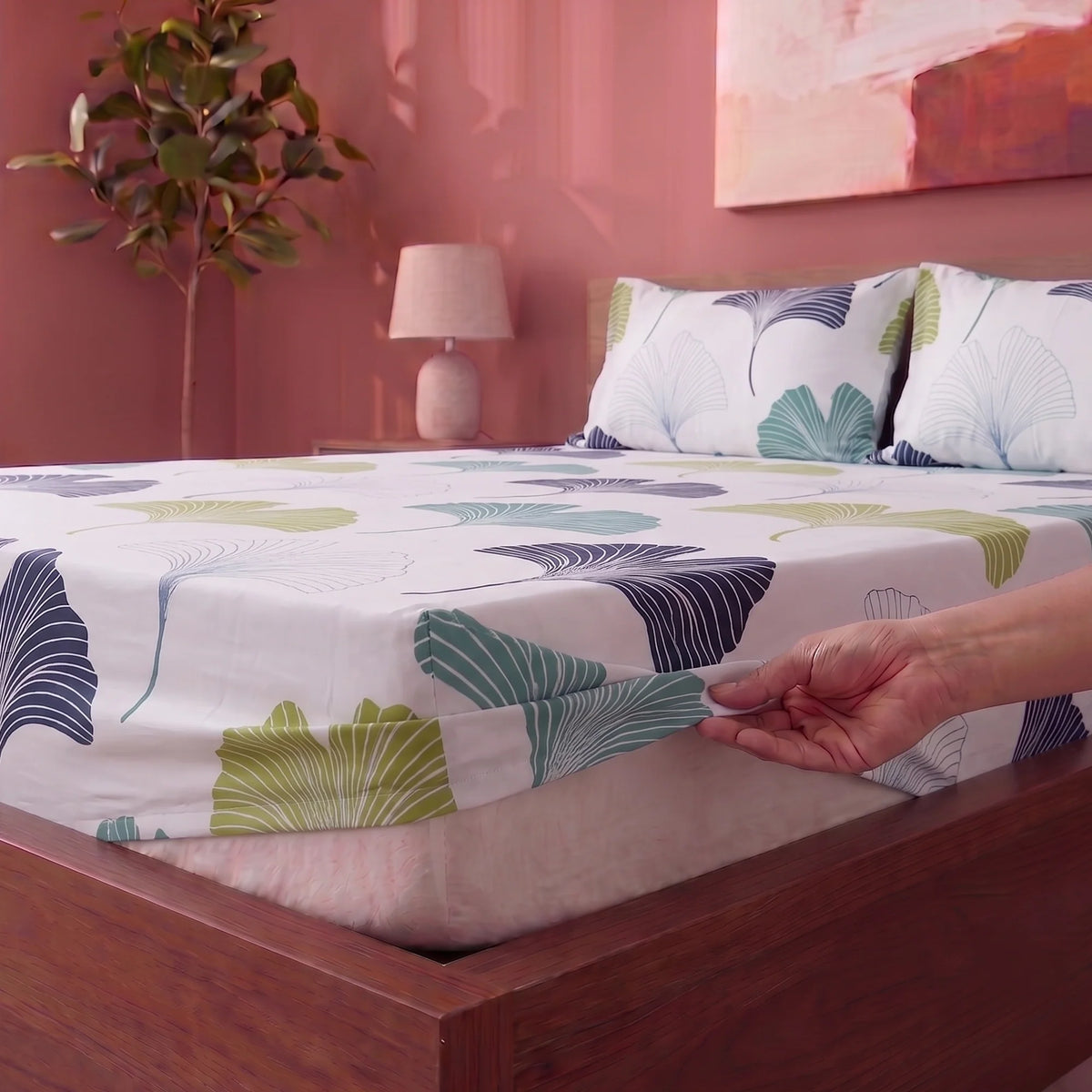 Imprimer Ginkyo - Floral Printed Fitted Bedsheet (Blue & Green)