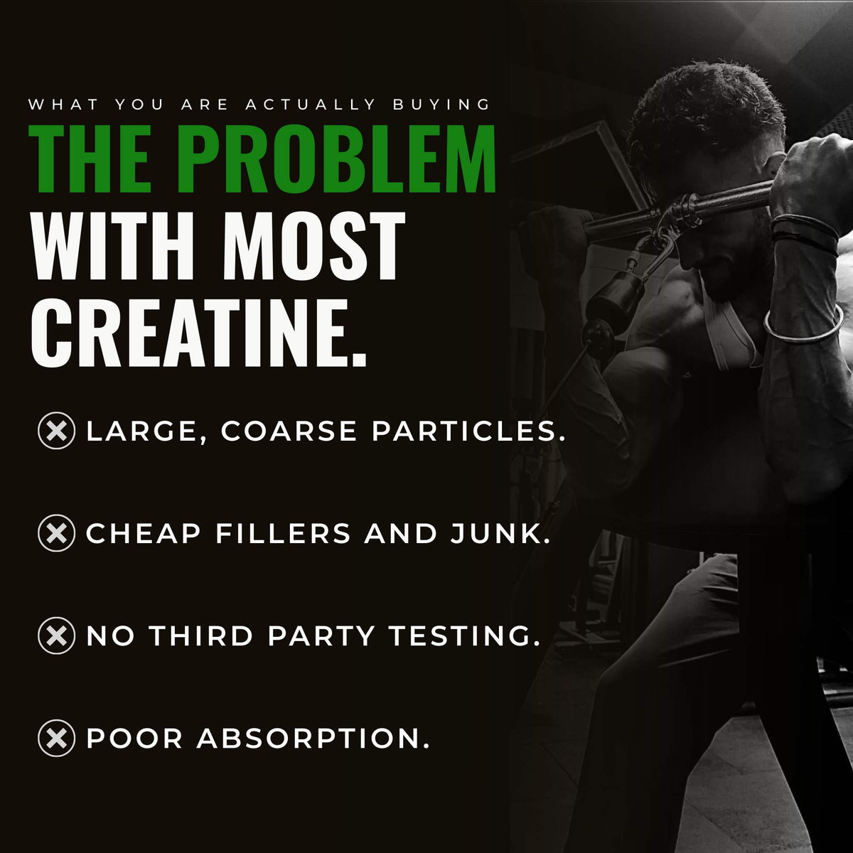 Person lifting weights with text about the problems with creatine supplements on a black background