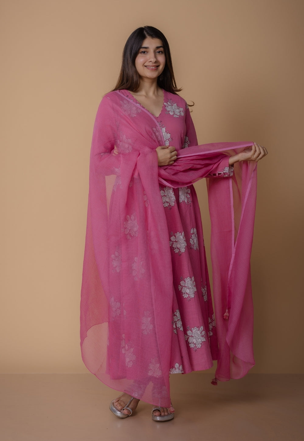 Ruvika Pink Dabu Slub Cotton A Line Kurta