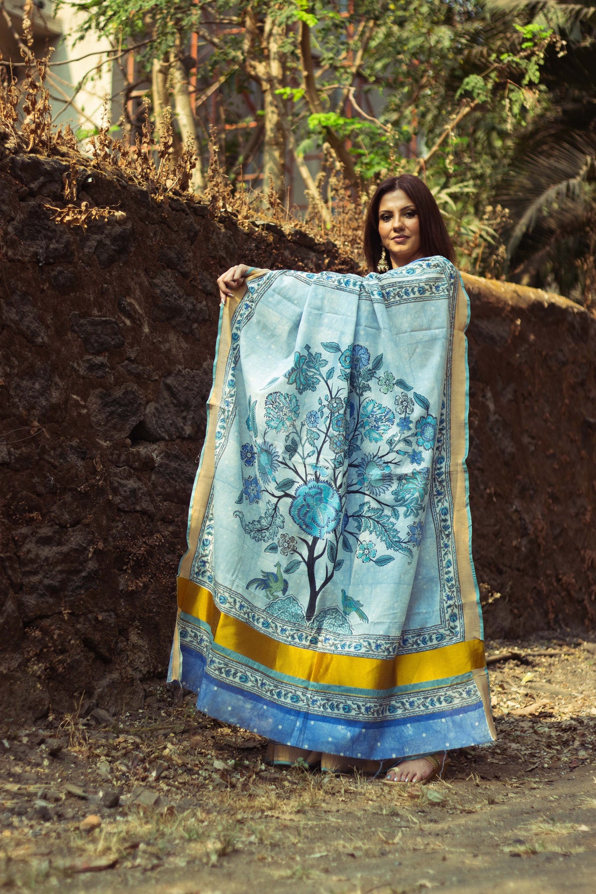 Cotton Kasavu Saree,Tree of Life Design • Blue-2