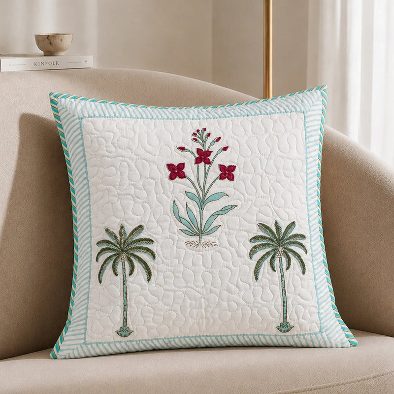Ombre Tulip - Hand Block Print Quilted Cushion Cover (Green)-2