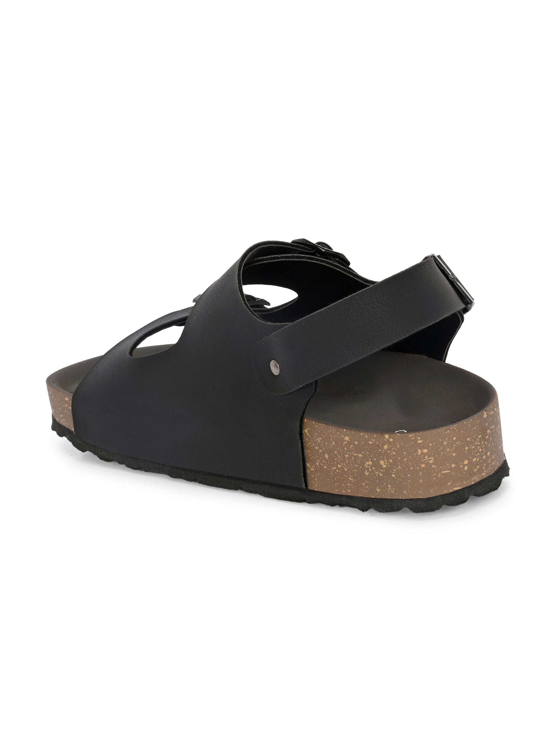 Black Men's casual flat heel buckle strap sandal with back strap closure 