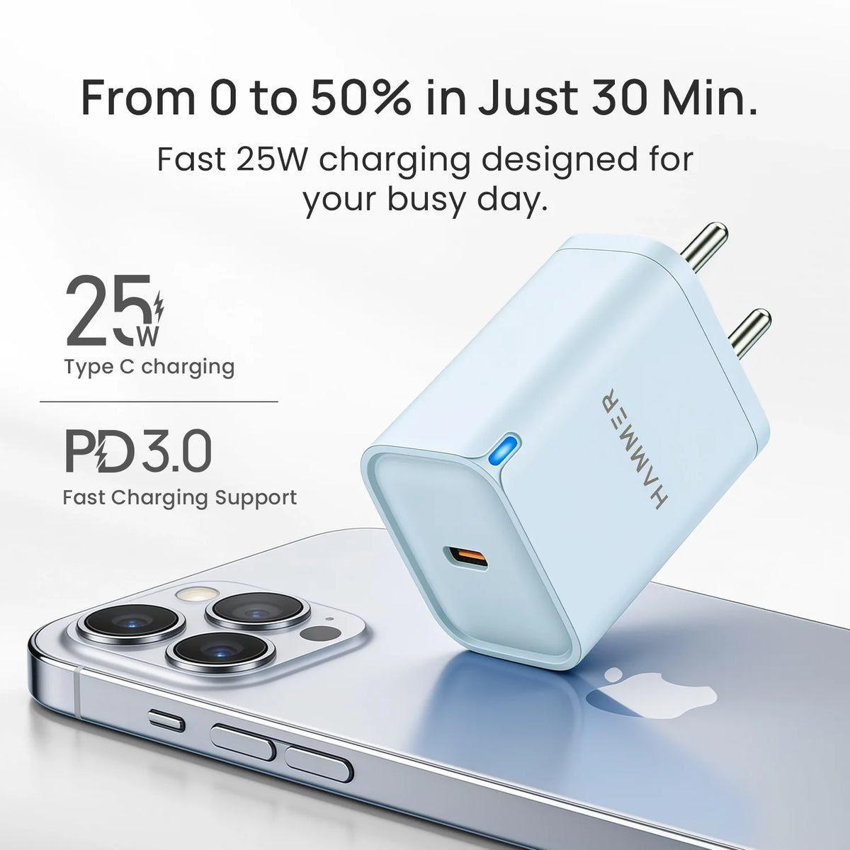 Hammer 25W Fast Type C Charger for Samsung and iPhone with PD, PPS Technology Without Cable (Sky Blue)-2