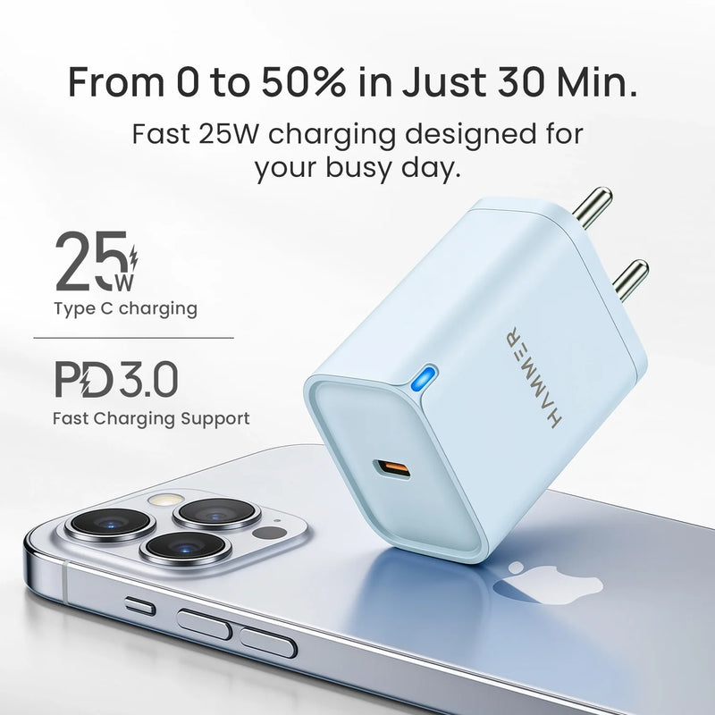 Hammer 25W Fast Type C Charger for Samsung and iPhone with PD, PPS Technology Without Cable (Sky Blue)-2