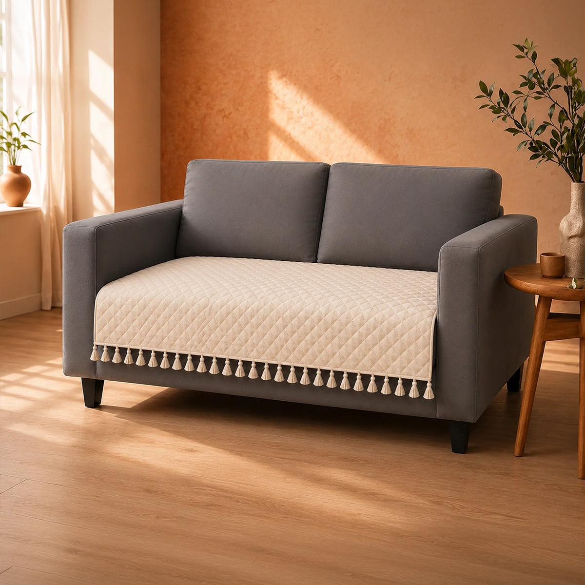 Quilted Velvet Sofa Cover with Tassels (Beige)