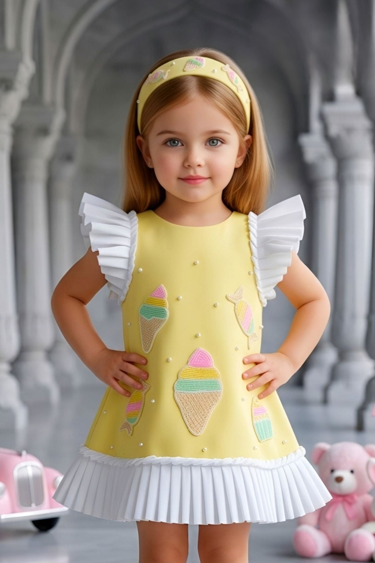 Lemon Yellow Ice Cream Appliqué Party Wear Frock with Pleated Ruffle Sleeves For Girls