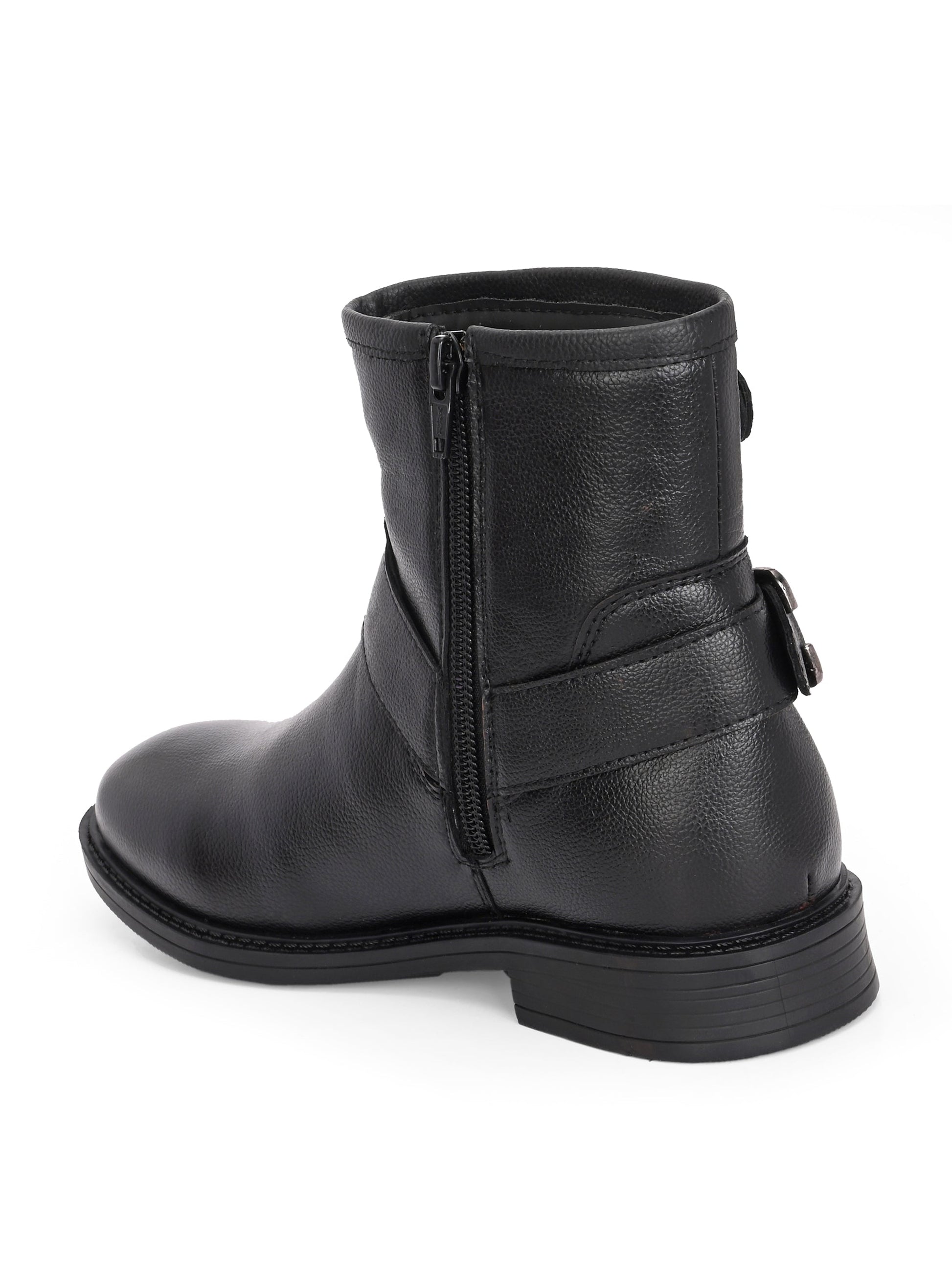 Black ankle-length boot with silver buckle accents and a low heel, perfect for casual or semi-formal wear.