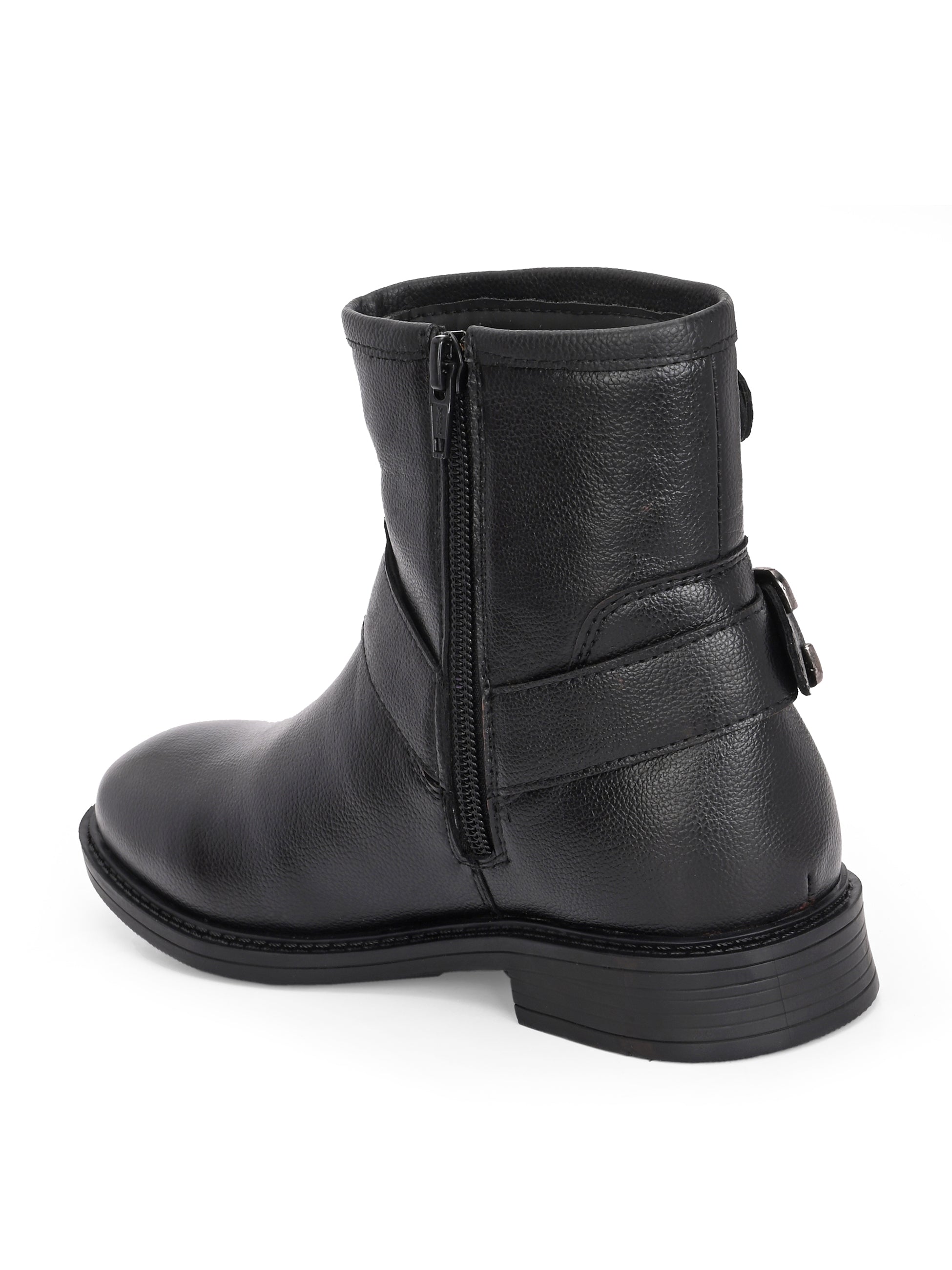 Black ankle-length boot with silver buckle accents and a low heel, perfect for casual or semi-formal wear.