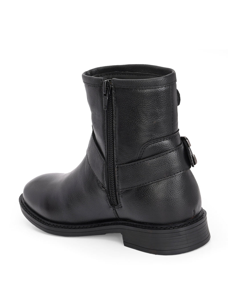 Black ankle-length boot with silver buckle accents and a low heel, perfect for casual or semi-formal wear.