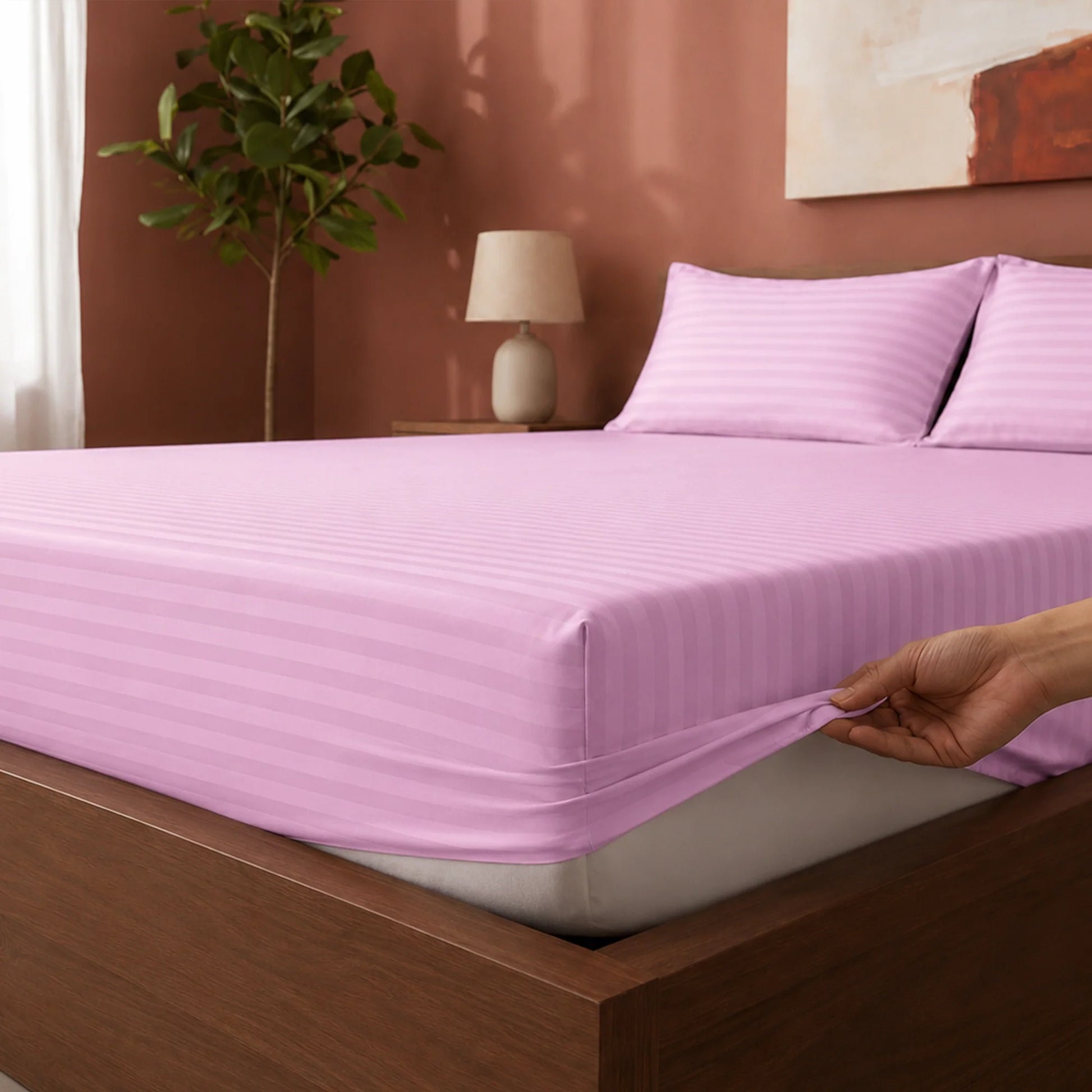 Breton Drift - Satin Stripes Fitted Bedsheet (Baby Pink)-2