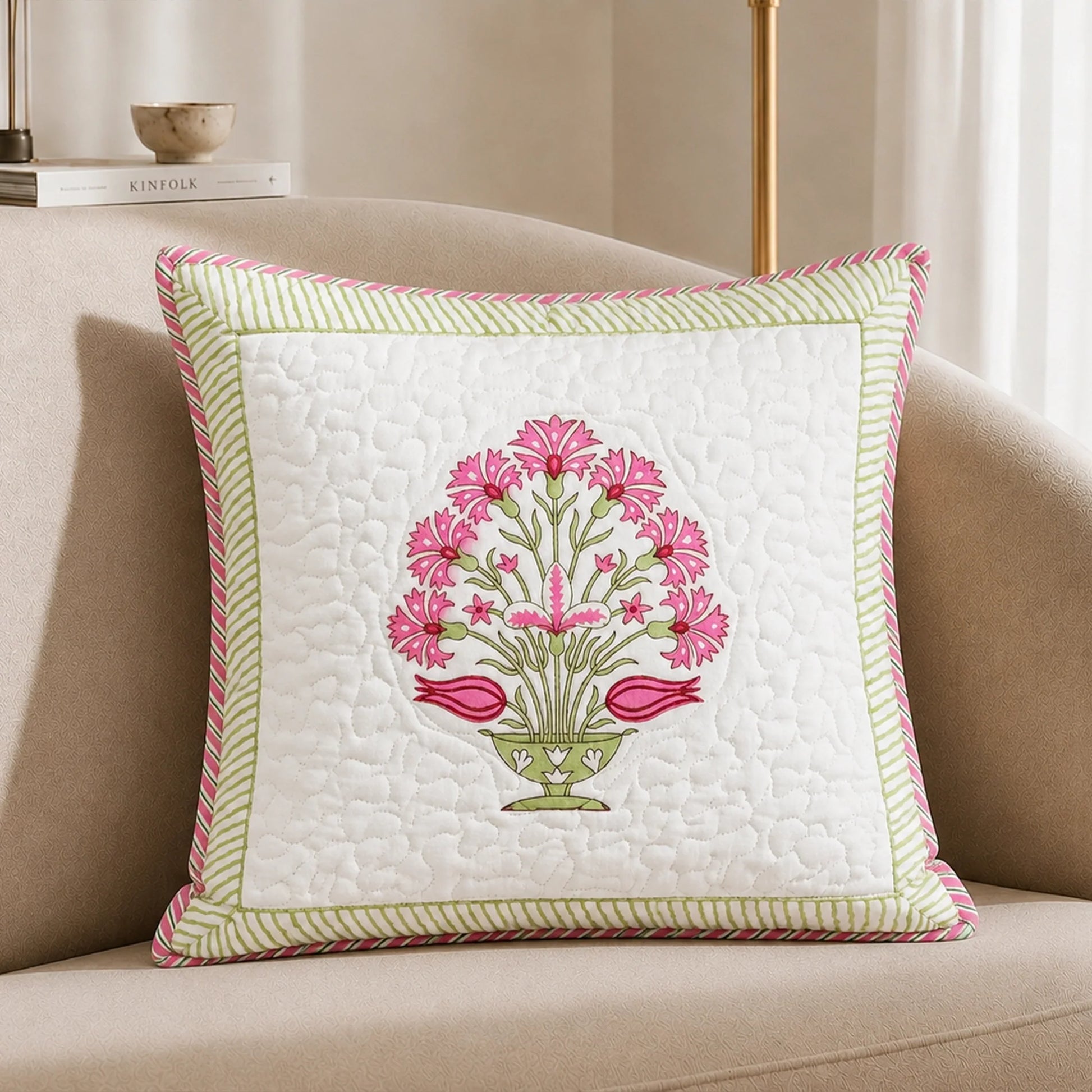 Ombre Rosey - Hand Block Print Quilted Cushion Cover (Pink)-2