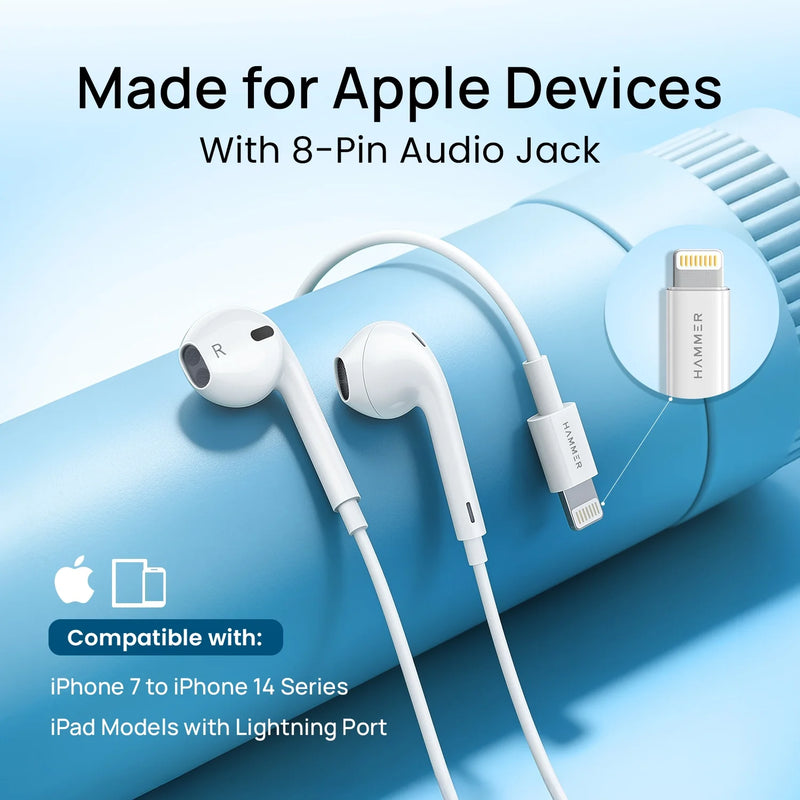 Hammer Nova 4 Lightning Earphones with Mic, Ergonomic Half In-Ear Wired Earphones for iPhones - White-2