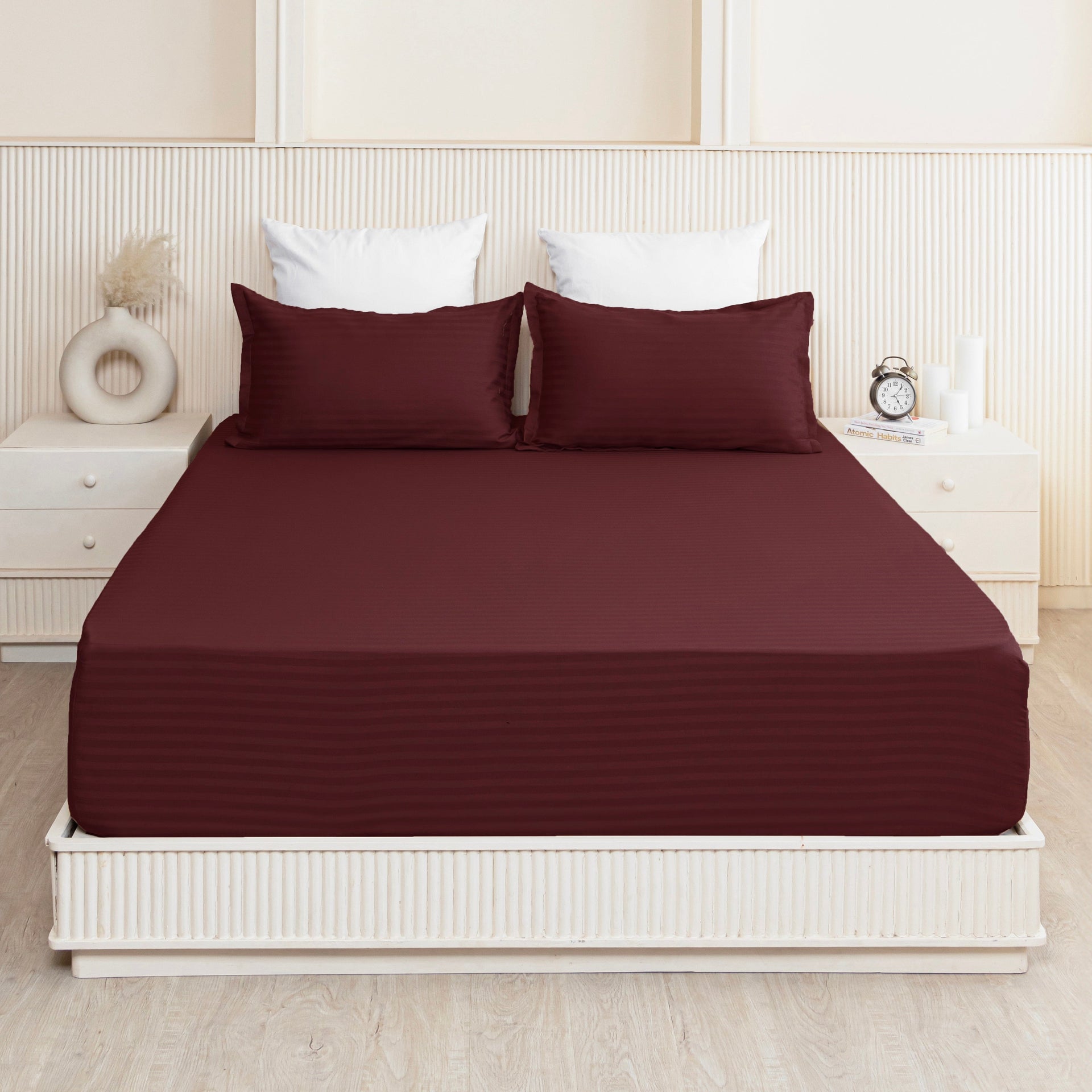Breton Drift - Satin Stripes Fitted Bedsheet (Maroon)