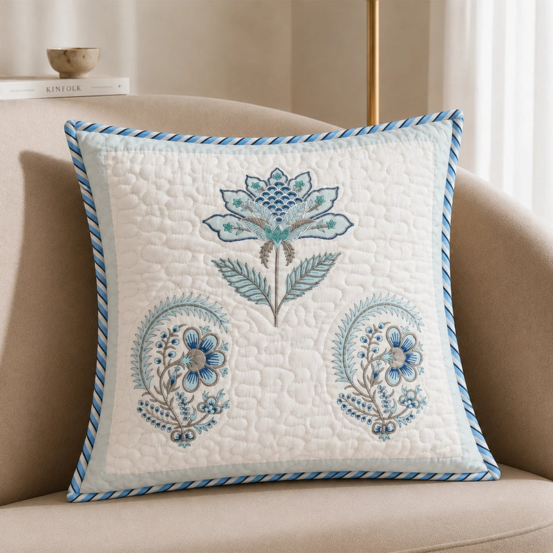 Ombre Tranquil - Hand Block Printed Quilted Cushion Cover (Baby Blue)-2