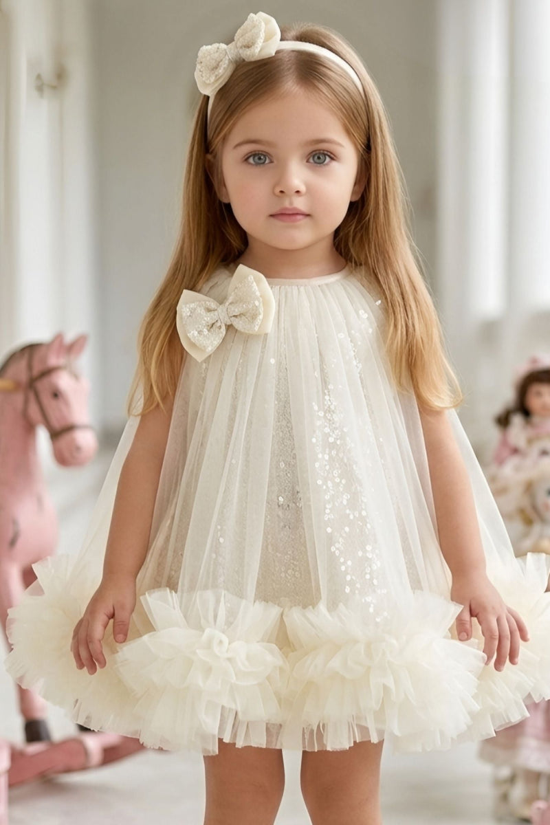 Girls Cream Net Party Dress with Ruffle Hem and Bow Detail