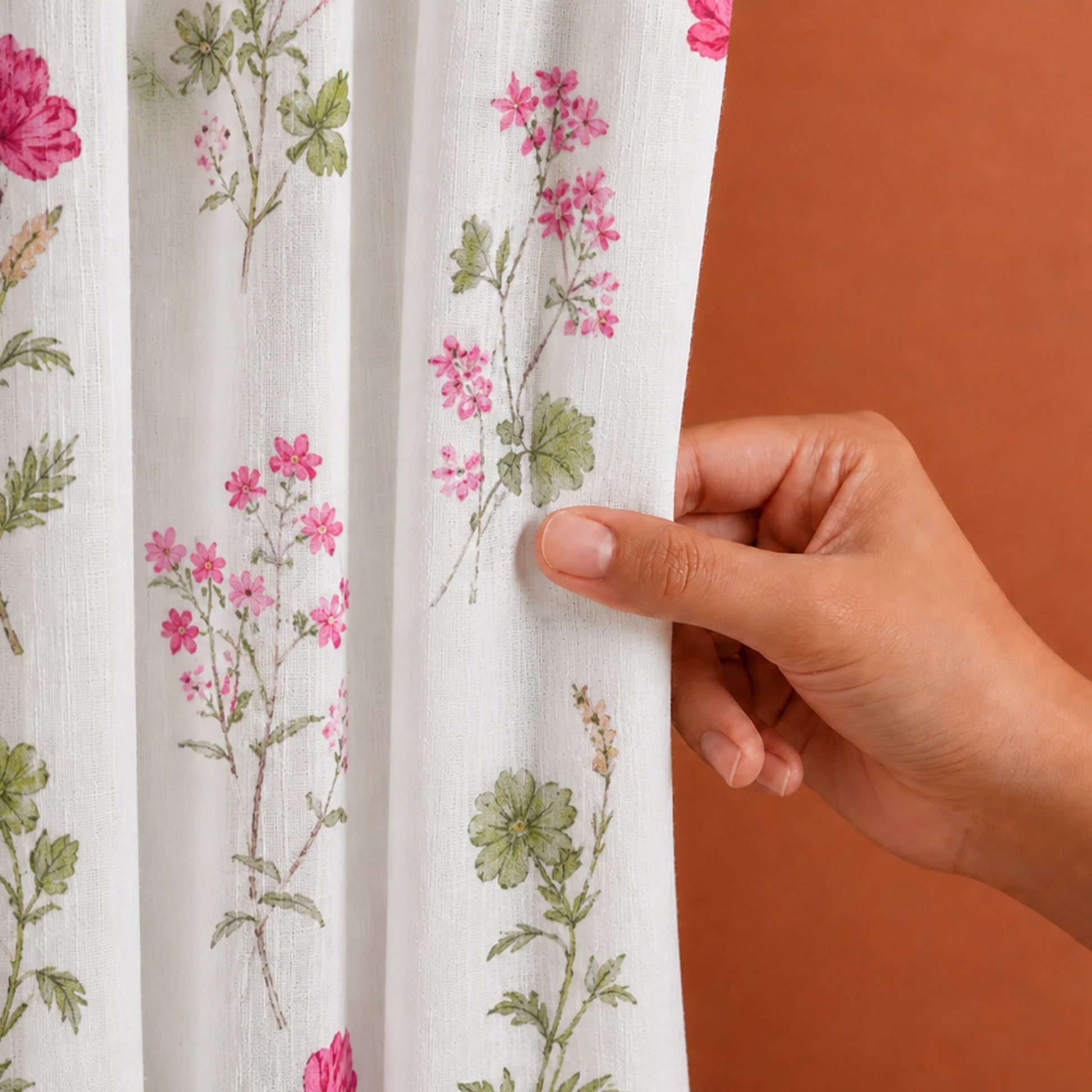 Pink Floral Printed Rod Pocket Duck Curtain-2