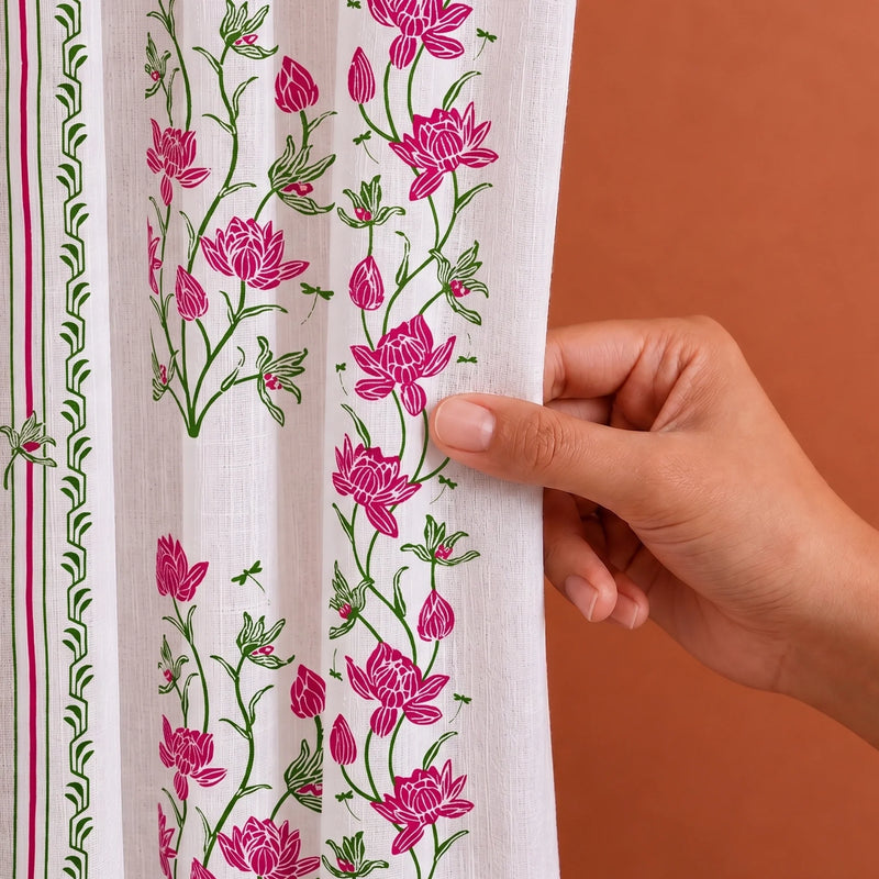 Pink Floral Petal Stripe Eyelet Printed duck Curtain-2