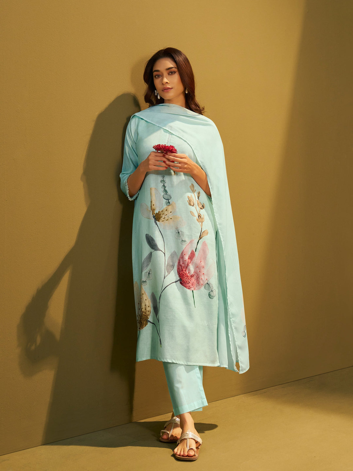 Charvi Sea Green Linen Printed Set