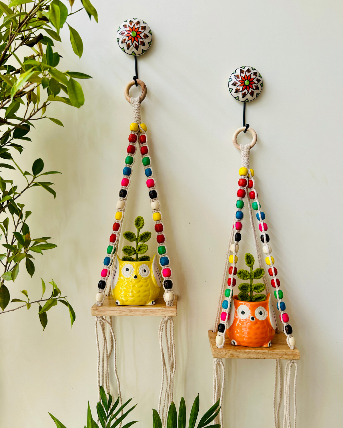 Colorful Macrame Beaded’ Mini Wall Shelves with ceramic hooks and ceramic owl planters