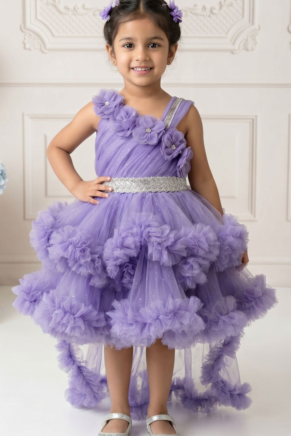 Lavender Floral Appliqué Layered High-Low Party Wear Frock For Girls