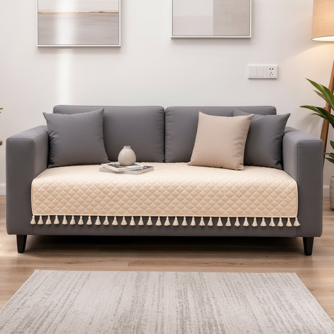 Quilted Velvet Sofa Cover with Tassels (Beige)-5