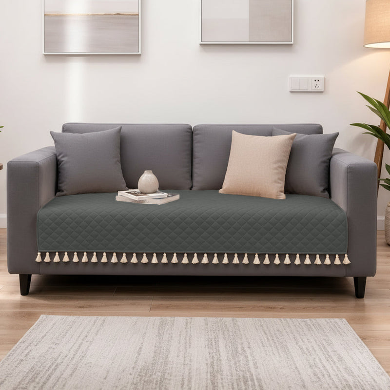 Quilted Velvet Sofa Cover with Tassels (Grey)-6