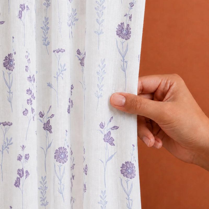 Blue & Purple Floral Flaux Rod Pocket Duck Curtain-2