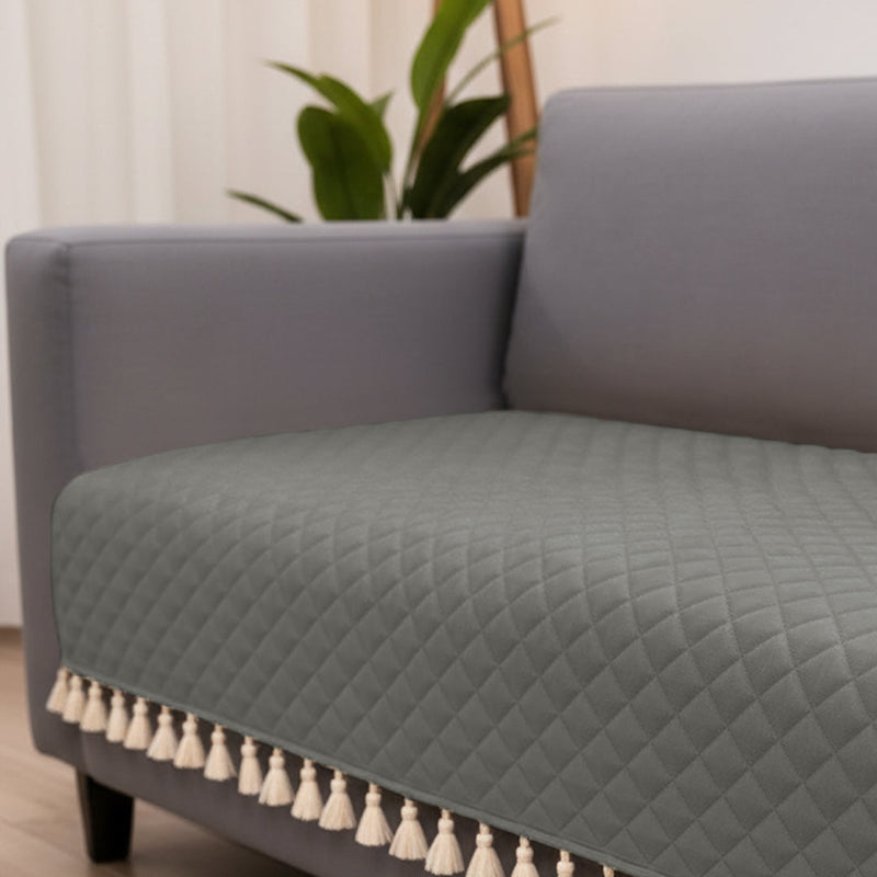 Quilted Velvet Sofa Cover with Tassels (Grey)-4