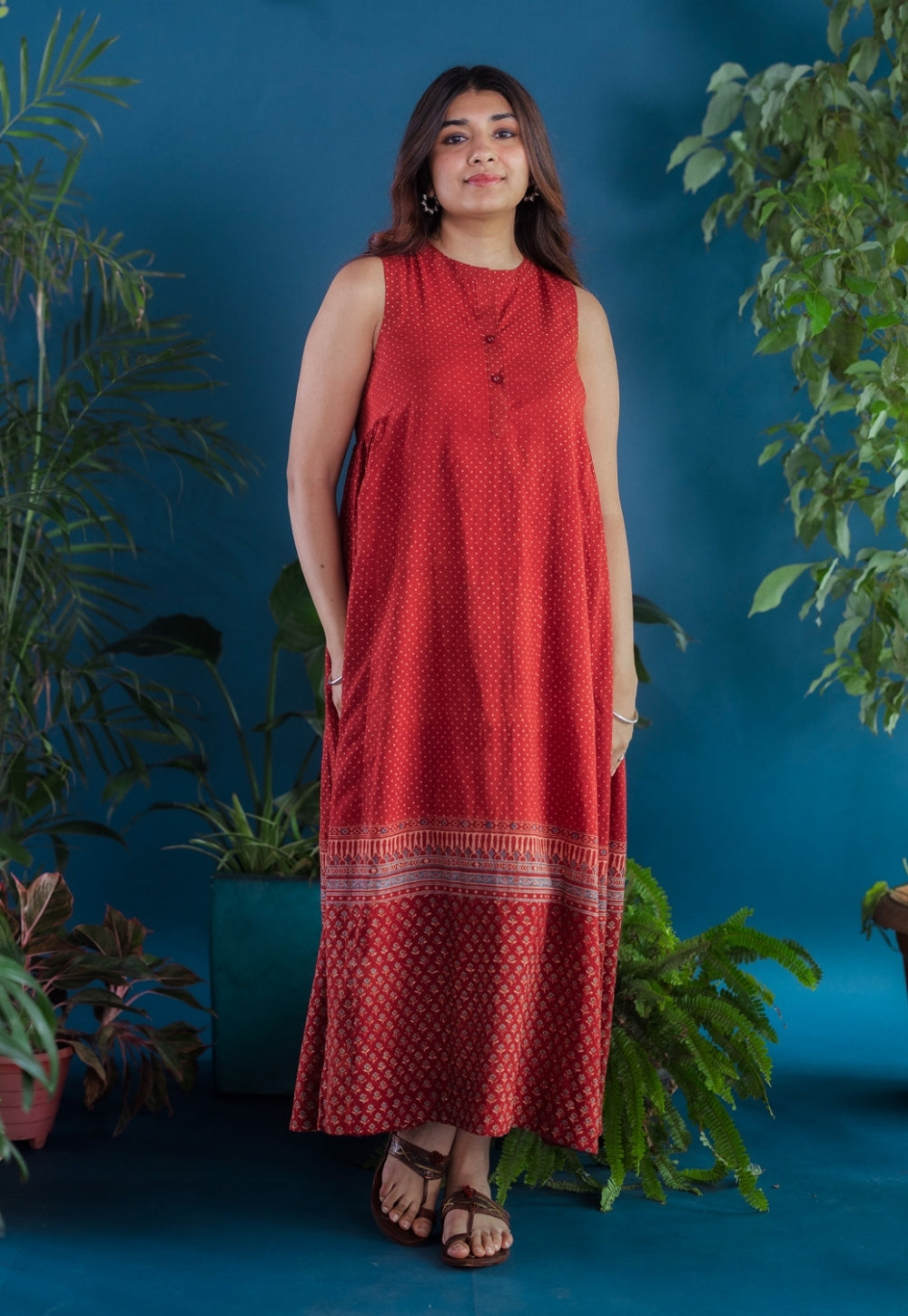 Zivaa Red Ajrakh Cotton A Line Dress