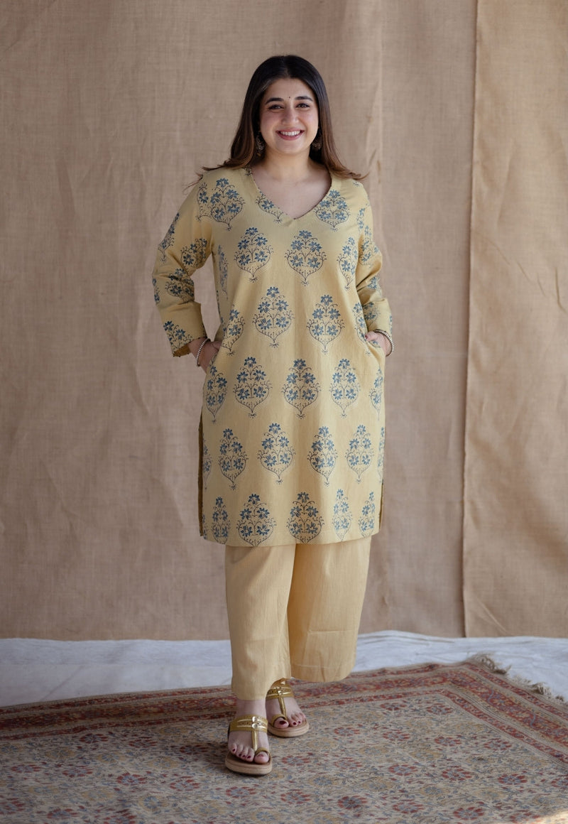 Kavya Yellow Ajrakh Cotton Straight Kurta with Hand Embroidery