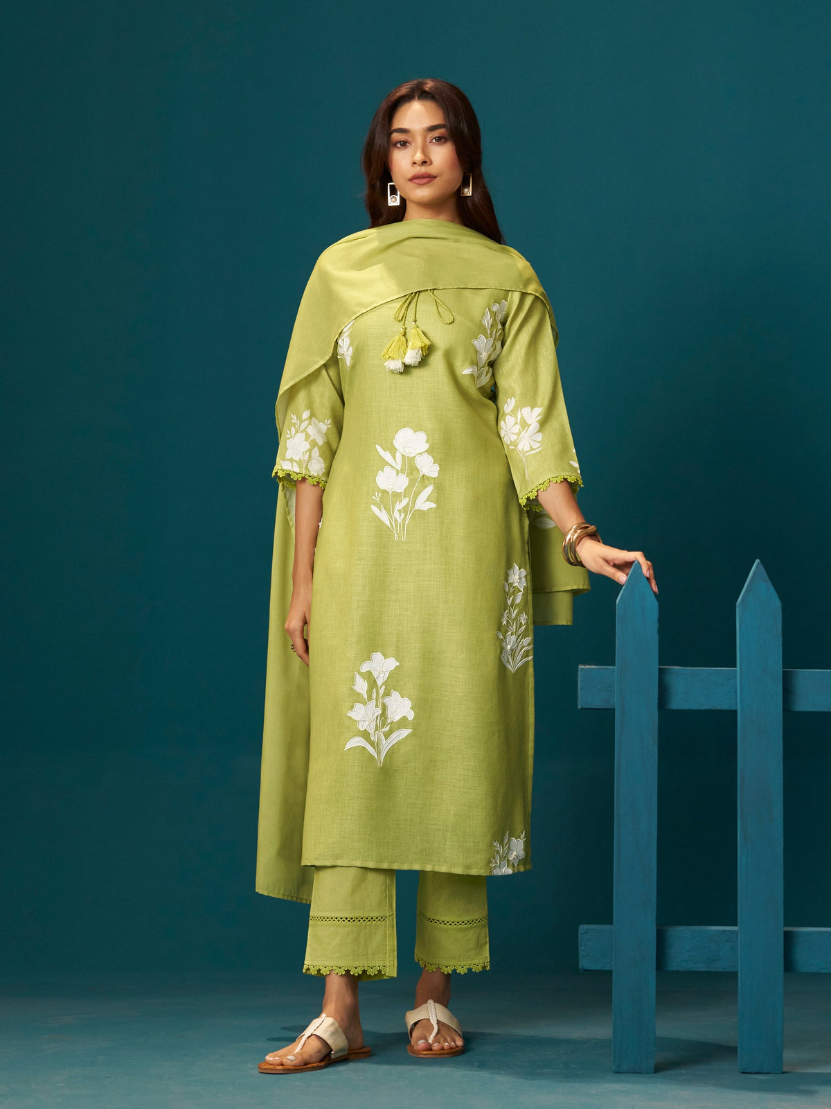 Bahar Green Mul Linen Suit Set