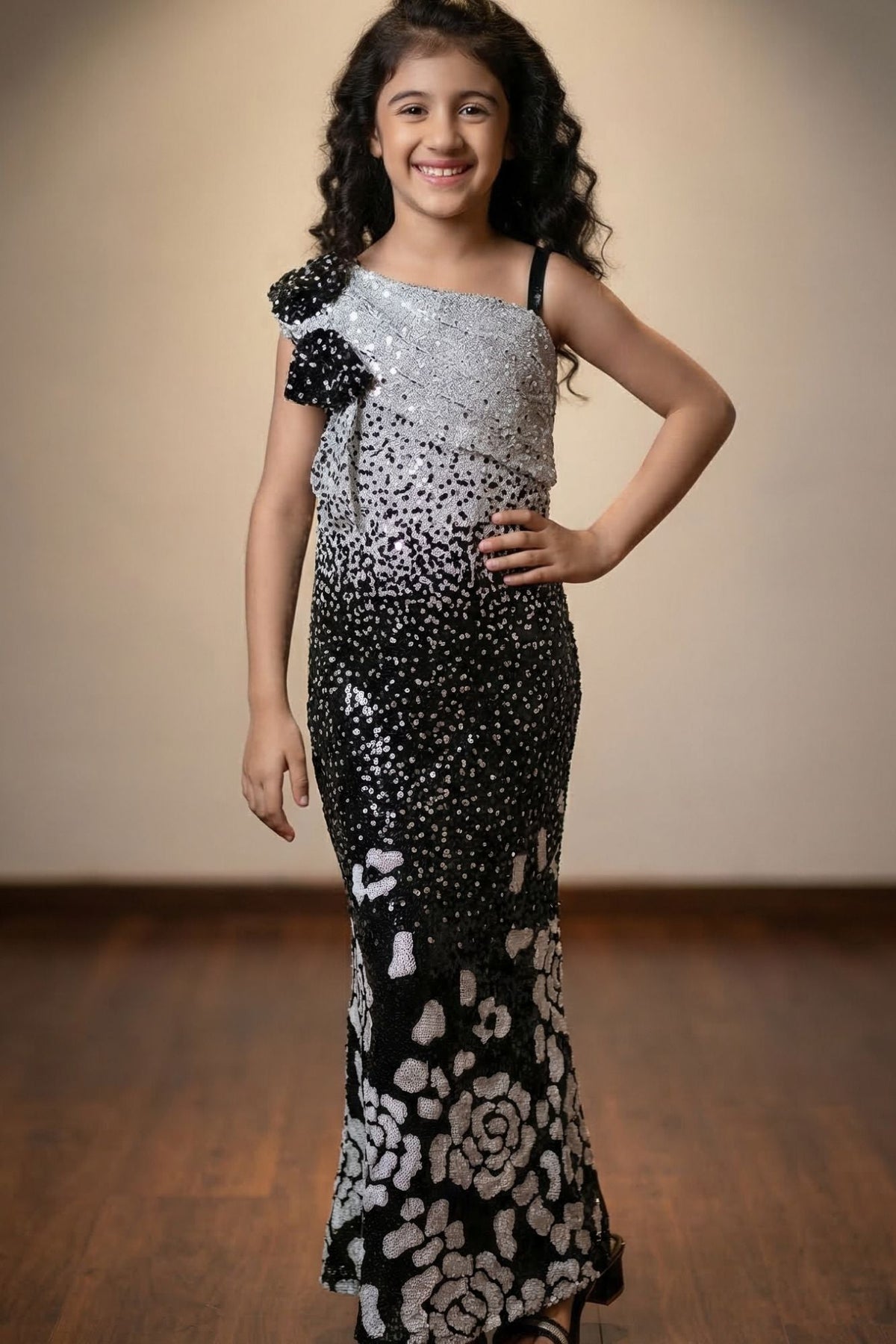 Black One-Shoulder Sequin Embellished Mermaid Gown For Girls