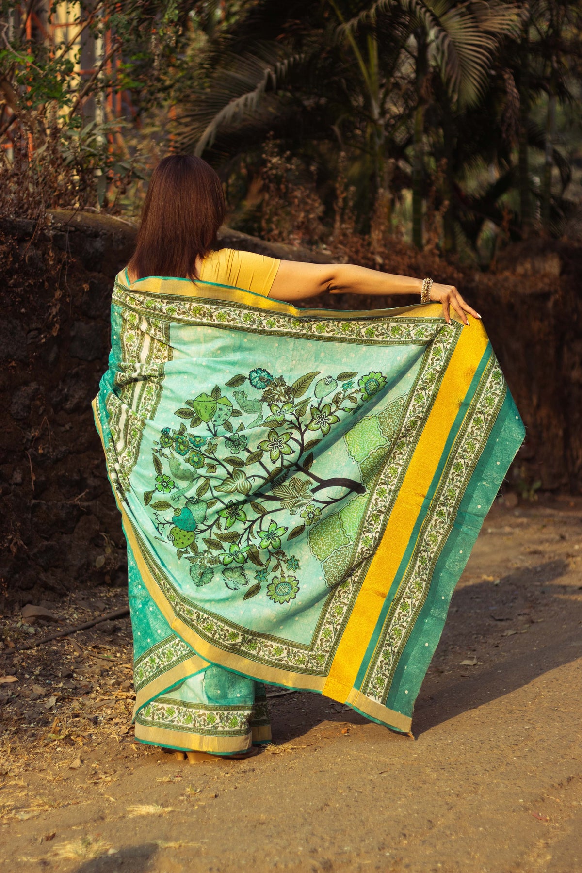 Cotton Kasavu Saree,Tree of Life Design • Sea Green-8