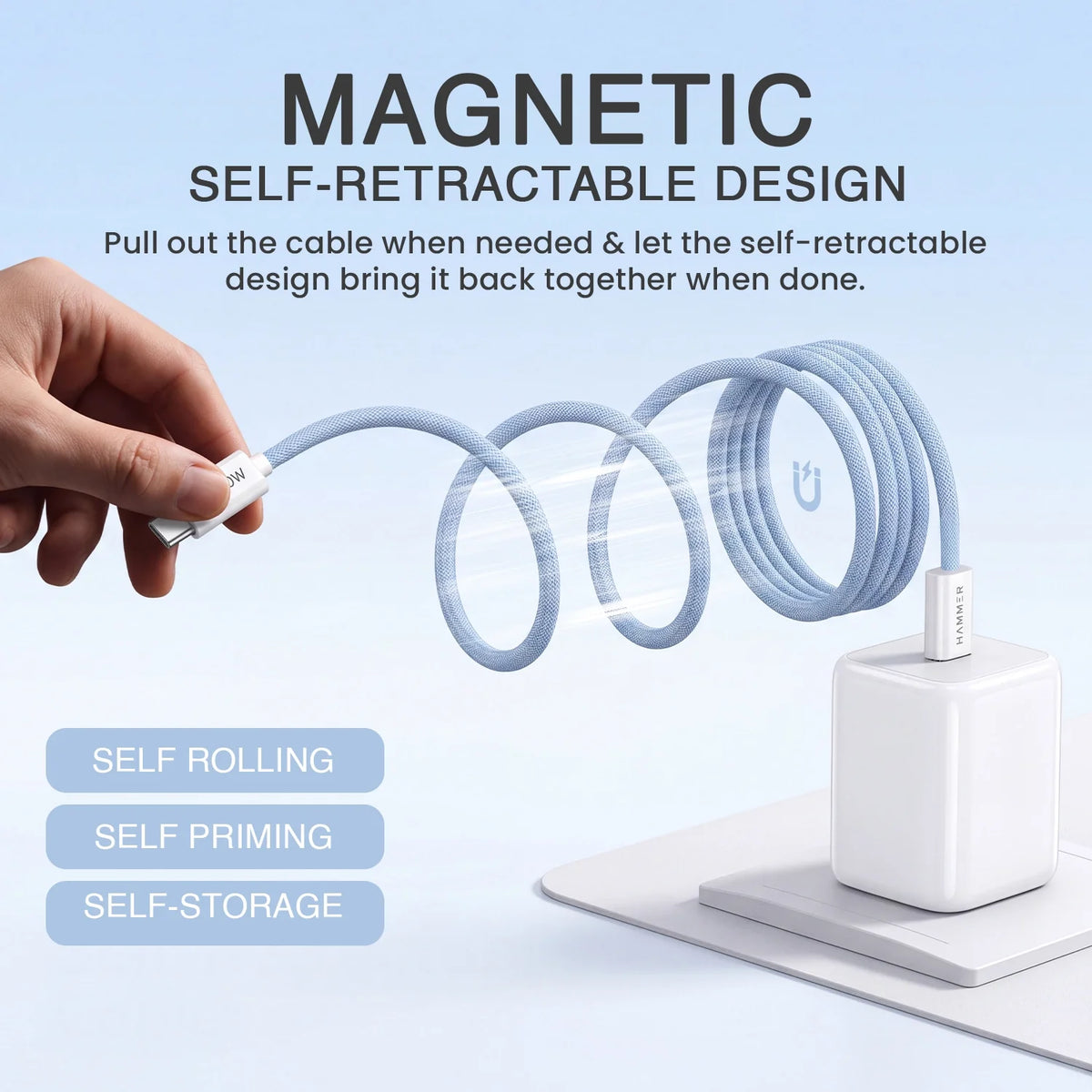Hammer 60W Magnetic Braided USB Type-C to C Fast Charging & Data Transfer Cable, Durable Tangle Free Design (Blue)-5