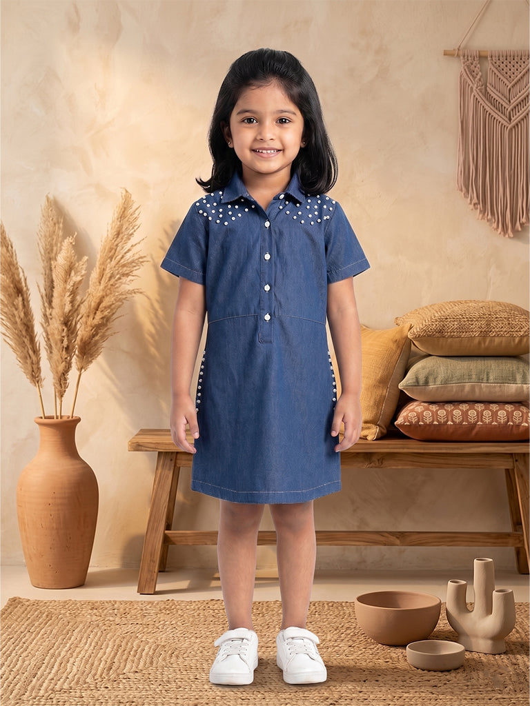 Pearl Stud Denim Shirt Dress