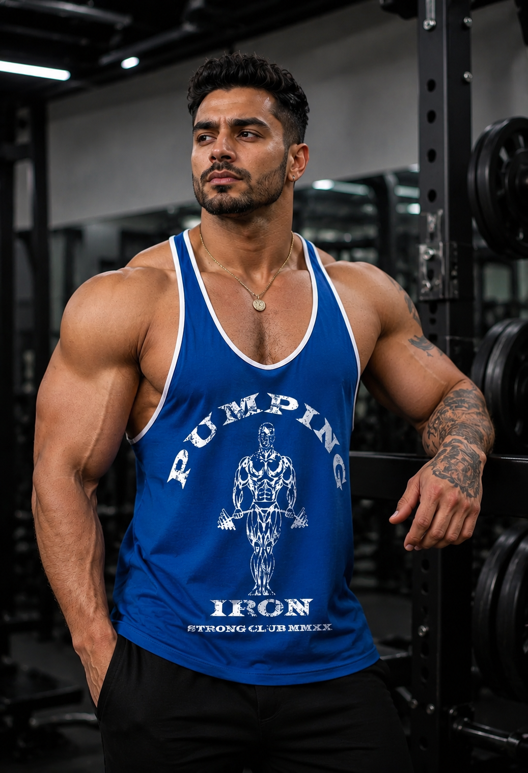 Blue White - T109 - Pumping Iron - Gym Tank Top