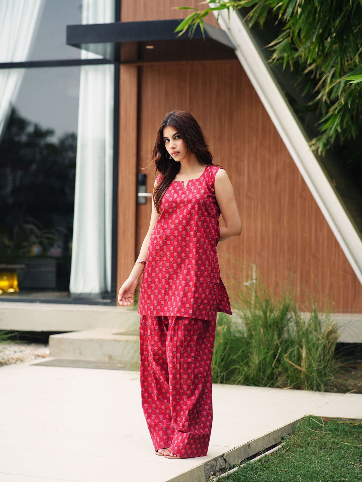 Kaira Red Handblock Cotton Two Piece Farshi Set