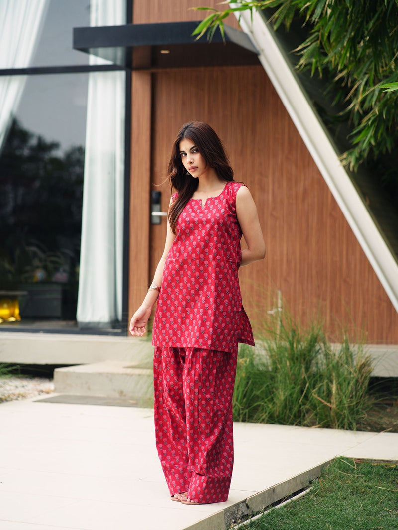 Kaira Red Handblock Cotton Two Piece Farshi Set