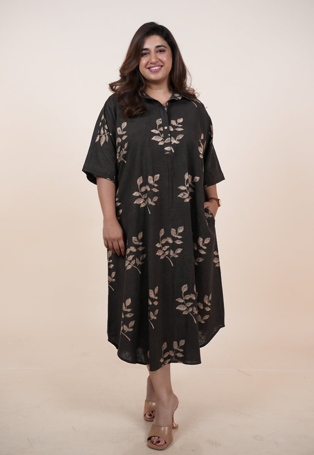 Risha Brown Dabu Slub Cotton A Line Dress