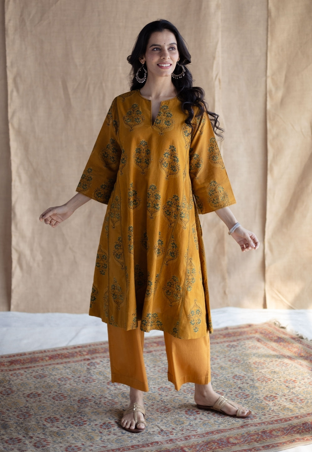 Trisha Mustard Ajrakh Cotton Jhabbha Kali Kurta with Hand Embroidery